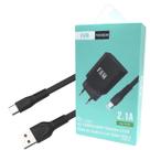 Kit FAM Carregador De Parede + Cabo De Carregamento USB Tipo C E USB-A 2.1A FKT-120C Preto.