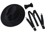 Kit Fantasia Gangster Mafia Chapéu Suspensório Gravata 3 Pçs