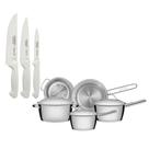 Kit - Faqueiro Premium 3 Pecas + 1 Jogo de Panelas Inox Allegra 5 Pecas - Tramontina