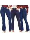 KIT Feminino 3 Peças -Calça Flare Jeans Escuro com Pocket Strass, com Strass ao Redor do Bolso e com Strass Lateral