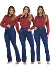 KIT Feminino 3 Peças - Calça Flare Jeans Escuro com pontos de Strass, com Strass ao Redor do Bolso e com Strass Lateral