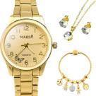 Kit Feminino Completo Relógio Digital Dourado à Prova d Água, Colar com Strass, Brincos e Pulseira Estilo Pandora Luxo