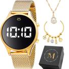 Kit Feminino Relógio Digital Dourado Mostrador Preto Colar 45cm Pingente Pérola Pulseira Estilo Pandora Caixa