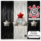 Kit Festa Tema Corinthians, 3 Cortina Metalizada Preta e Branca e 5 Balões 9" Estrelas