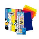 Kit Fichário Argolado Looney Tunes Universitario 48Folhas e 10 Divisórias Plásticas Coloridas + Kit Escolar Looney Tunes