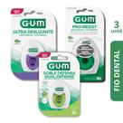 Kit Fios Dentais GUM Dual Defense + Pro-Resist + Fita Ultradeslizante 3 fios dentais