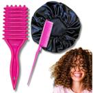 Kit Fitagem Cachos Definidos: Escova, Pente 3 Fileiras e Touca de Cetim Anti-Frizz