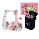 Kit Fone Gatinho + Livro Colorir Infantil + Canetinhas