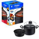 Kit Forma Banho Maria p/ Pudim, Cuscuz Alumínio Antiaderente Preto Tampa de Vidro Dona Chefa Ref0188 Kit Forma Banho Maria p/ Pudim, Cuscuz Alumínio Antiaderente Preto Tampa de Vidro Dona Chefa Ref0188