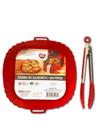 Kit Forro para Air Fryer Quadrada 21cm e Pinça Multiuso de 25cm em Silicone Vermelho - UnyHome