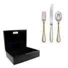 Kit fracalanza faqueiro croise 130 peças 18/10 3,5mm com friso de ouro em aço inox e estojo