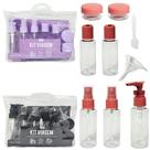 Kit frasco de plastico para viagem + mini pote porta creme + funil e espatula 9 pecas na bolsa