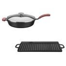 KIT Frigideira de Ferro Com Tampa De Vidro Temperado e Alça 3,1L 28cm + Chapa De Ferro Fundido 51Cm X 23Cm Preto