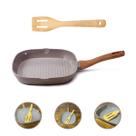 Kit Frigideira Grill Quadrada 24cm Cerâmica Antiaderente e Espátula Bambu 30cm
