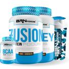 Kit Fusion Protein 900g + Whey Foods 900g + BCAA 100g Tangerina + Coqueteleira 600ml BRNFOODS