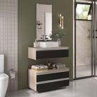 Kit gabinete banheiro creta 80cm + cuba sobrepor + espelho madeirado/preto