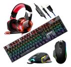 Kit Gamer Teclado Mecânico Antighost Total LED RGB Mouse 7 Botões 4800 DPI Rainbow Headset Fone Drive 50mm Led Azul