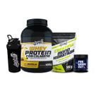 Kit Ganho de Massa Whey 900g + Creatina 500g + Pré-Treino 300g Limão + Coqueteleira Sabor:Baunilha