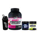 Kit Ganho de Massa Whey Protein 900g + Creatina 300g + Pré-Treino 300g Limão + Coqueteleira Sabor:Morango