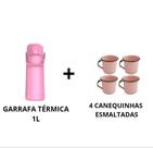 Kit Garrafa Térmica 1 Litro Rosa + 4 Canequinhas Esmaltada Rosa Bebe