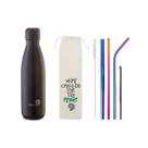 Kit Garrafa Térmica 24h Inox 500Ml + Kit de Canudos 6 em 1