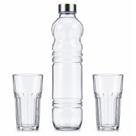 Kit Garrafa Vidro 1L com 2 Copos Facetados Euro Home