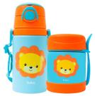 Kit Garrafinha Infantil Alumínio Antivazamento 400ml Animal Fun + Pote Térmico Em Aço Inox Com Talher 320ml Buba