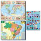 Kit Geográfico - Mapa Mundi + Mapa do Brasil + Bandeiras do Mundo - Livro de Atividades- Educativos