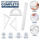 Kit Geométrico Completo 4 Peças Régua 30cm Esquadro 45 e 60 Transferidor 180 Transparente Escolar Desenho Técnico Alta Precisão