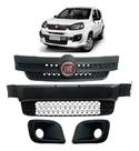 Kit Grade Dianteira Parachoque Uno 2017 2018 2019 20 21 2022 Preto Fosco Moldura Milha Com Furo Emblema Vermelho