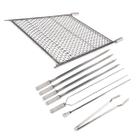 Kit Grelha Inox 50x60 E 6 Espetos E Pegador Carnes Churrasco