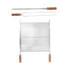 Kit Grelha Moeda Inox 60x48 + 2 Espetos 60cm Cabo Madeira