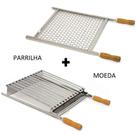 Kit Grelha Parrilla Tipo Argentina + Grelha Moeda - Média 40 X 40 - Cabo de Madeira