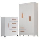 Kit Guarda-Roupa Solteiro 4 Portas com Cômoda Sapateira Lisa Branco