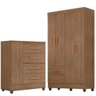 Kit Guarda-Roupa Solteiro 4 Portas com Cômoda Sapateira Lisa Carvalho Oak