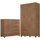Kit Guarda-Roupa Solteiro 4 Portas e Cômoda Sapateira 2 Portas Lisa Carvalho Oak