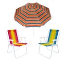 Kit Guarda Sol 1,8m Ipanema 2 Cadeira Alta Dobrável Listrada Aço Camping Praia Piscina Jardim - Tobee