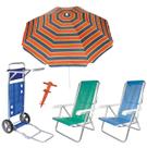 Kit Guarda Sol 1,8m Ipanema Carrinho De Praia Avanço Cadeira Reclinável 8 Posições Saca Areia - Tobee
