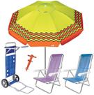 Kit Guarda Sol 2,4m Ibiza Carrinho De Praia Avanço 2 Cadeira Reclinável 8 Posições Saca Areia - Tobee