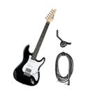Kit Guitarra Elétrica Strato HSS Preta Com Cabo Mono P10 4,57m E Suporte De Parede Ask