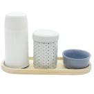 Kit higiene 4 pçs Poá Molh. Cinza c/ garrafa Tudo Porcelana