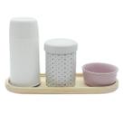 Kit higiene 4 peças Poá Molh. Rosa c/ garrafa Tudo porcelana