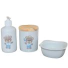 Kit Higiene Bebê 3 peças com molhadeira - Príncipe Ursinho Azul - Porcelana Tampa Pinus