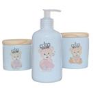Kit Higiene Bebê 3 Peças - Princesa Ursinha Rosa - Porcelana com Tampa de Pinus