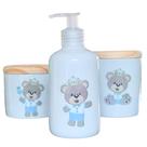 Kit Higiene Bebê 3 Peças - Príncipe Ursinho Azul - Porcelana com Tampa de Pinus