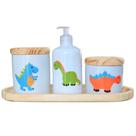 Kit Higiene Bebê 4 Peças Dinossauro - Bandeja, Potes e Porta Álcool em Porcelana com Tampas de Pinus