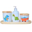 Kit higiene bebê 4 peças Dinossauro - Bandeja, potes e porta álcool - Peças porcelana bandeja e tampas pinus