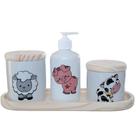 Kit Higiene Bebê 4 Peças Fazendinha - Bandeja, Potes e Porta Álcool em Porcelana com Tampas de Pinus