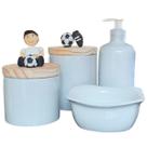 Kit higiene bebê 4 peças Futebol - Potes, porta álcool e Molhadeira - Peças porcelana e tampas pinus