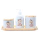 Kit Higiene Bebê 4 Peças Princesa Ursinha - Bandeja, Potes e Porta Álcool em Porcelana com Tampas de Pinus